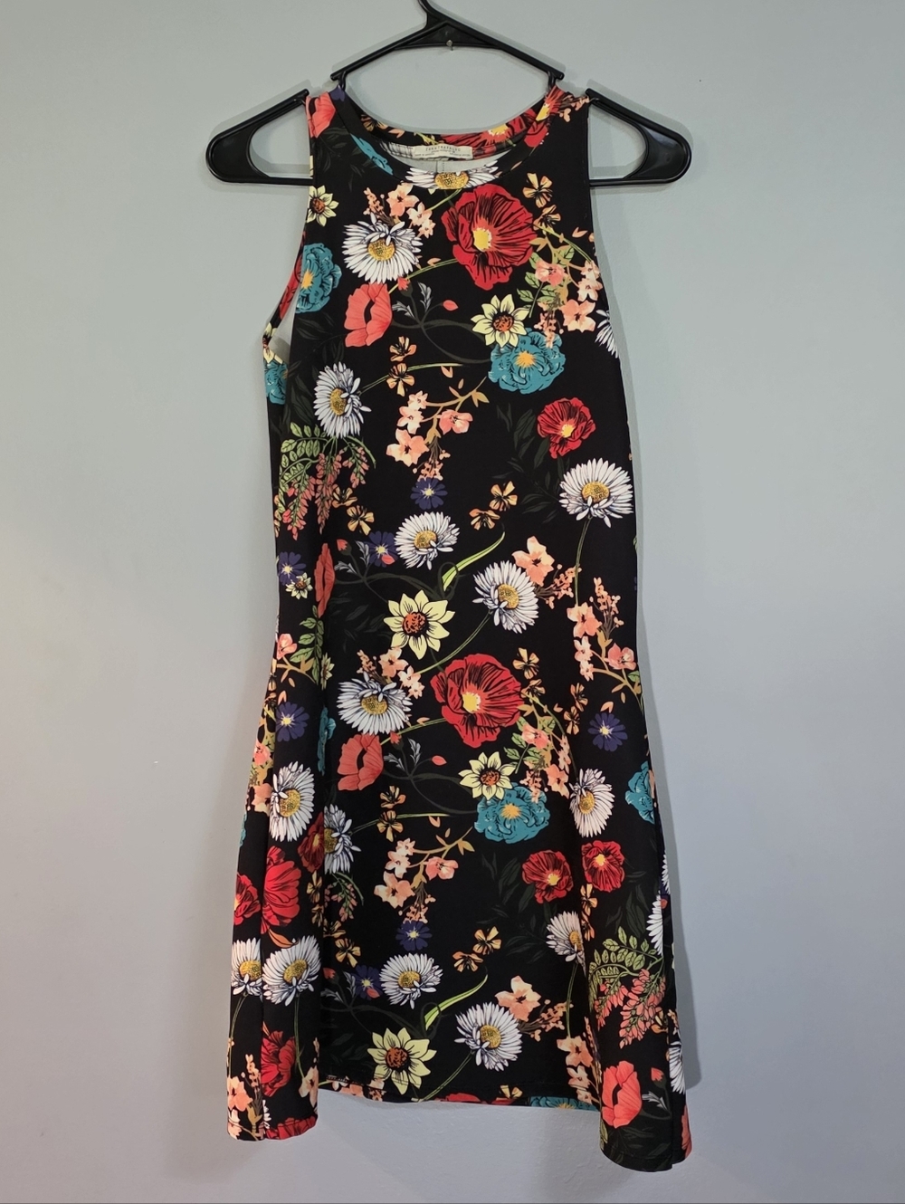 Zara TRAFALUC Black Floral High-Neck Mini Dress with Red, Teal, Yellow Blooms